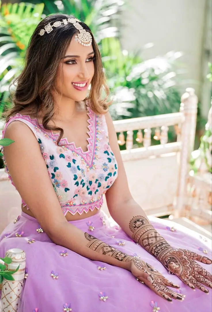 Net and silk mehndi lehenga