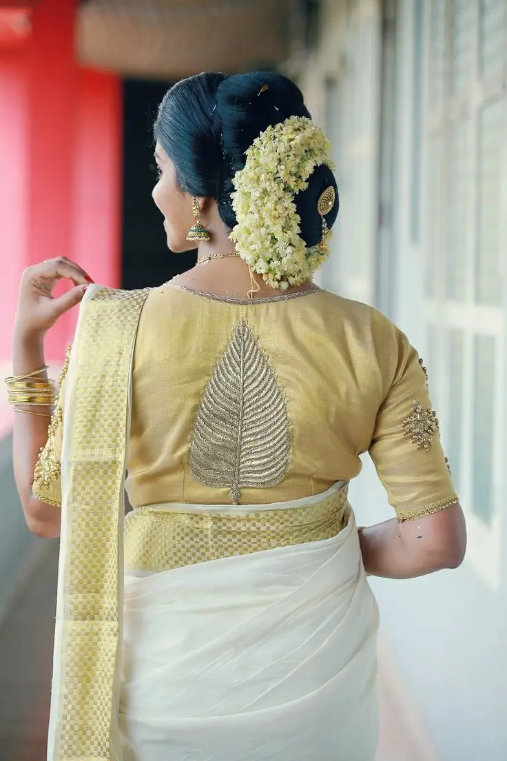 kerala white saree blouse designs