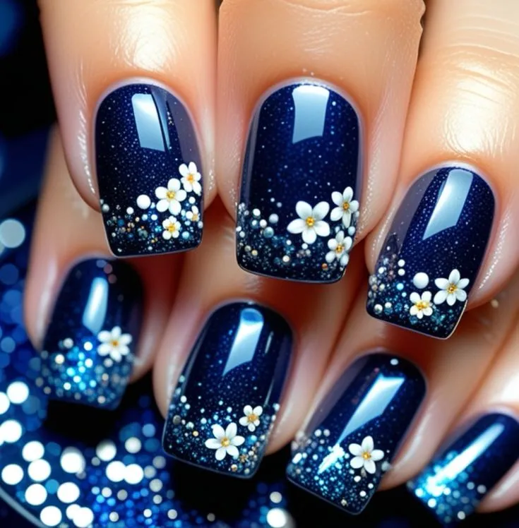 Blue nails with rhinestones