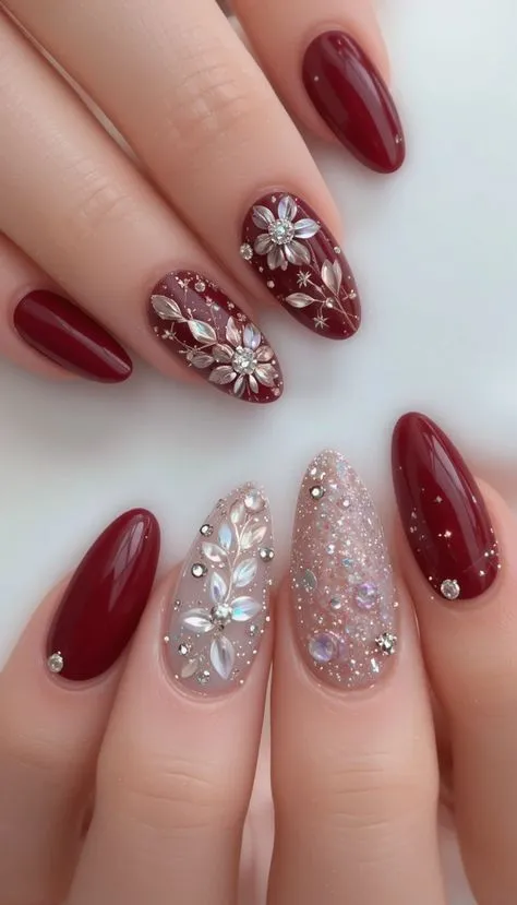 Nail art for bridal matte crimson with rhinestone details
