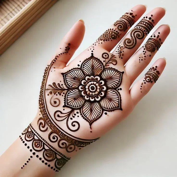 Rose themed royal front hand henna art