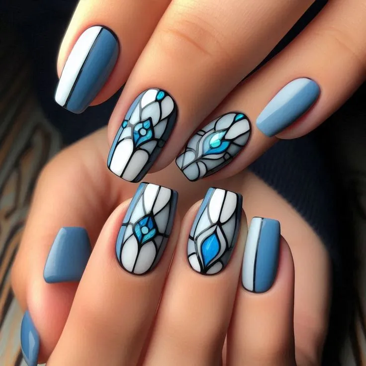 Blue mosaic nail extensions designs