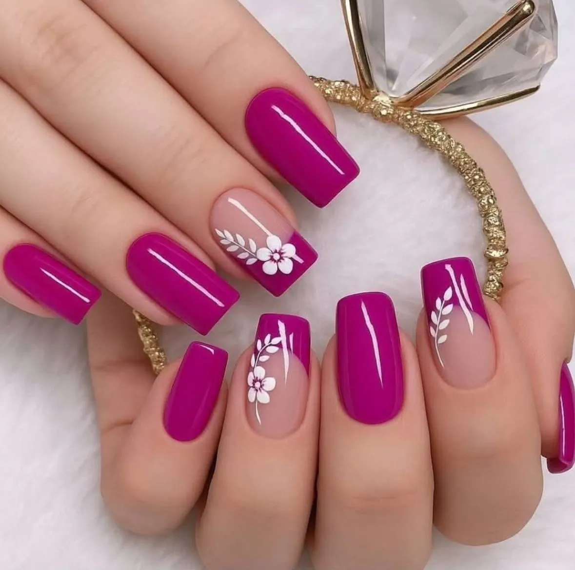 Pink flower nail white extensions